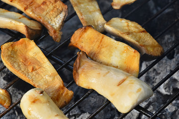 Brown king oyster mushrooms on grill