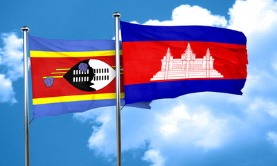 Swaziland flag with Cambodia flag, 3D rendering