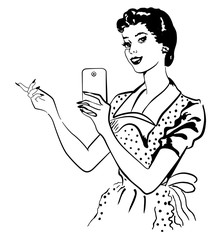 Retro woman makes photo on her phone - 112955258