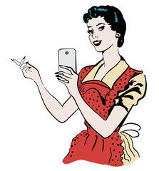 Retro woman makes photo on her phone - 112955274