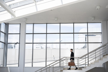 Side view of man with bag walking down the steps