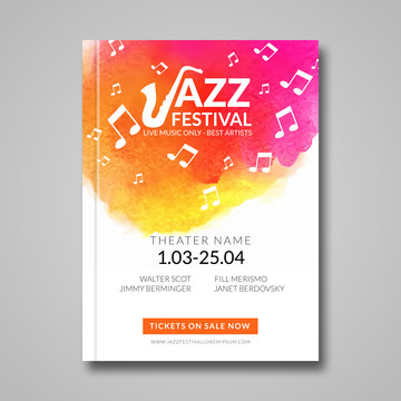 Vector musical poster design. Watercolor stain background. Jazz, rock style billboard template for card, brochure, banner.