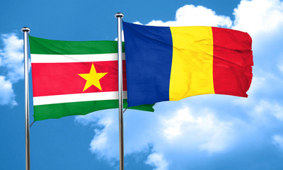 Suriname flag with Romania flag, 3D rendering