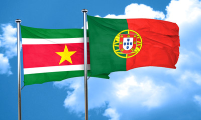 Suriname flag with Portugal flag, 3D rendering