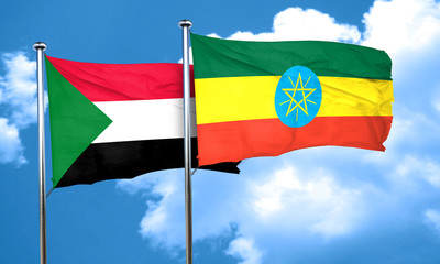 Sudan flag with Ethiopia flag, 3D rendering