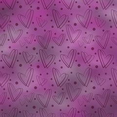 Drawn pastel violet background with hearts and dots.Series of Watercolor, Pastel, Chalk, Backgrounds