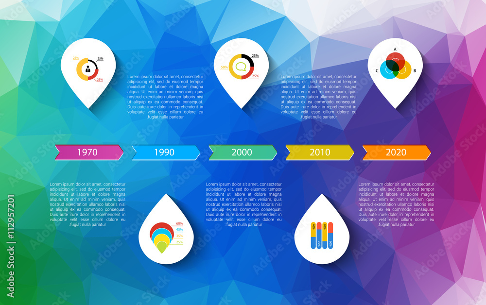 Poster infographic timeline design concept - template with points and outline icons. idea to display inform