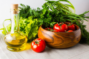 Healthy eating concept with summer vegetables and olive oil