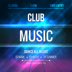 Club music Poster Template. Night Dance Party flyer. Club music design template on dark colorful background. Illuminated Stage