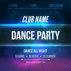 Club music Poster Template. Night Dance Party flyer. Club music design template on dark colorful background. Illuminated Stage