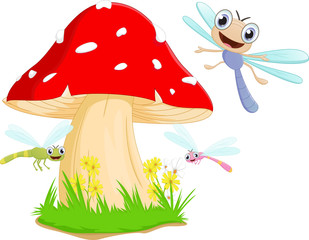 funny dragonfly cartoon with red mushroom