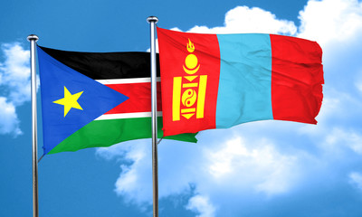 south sudan flag with Mongolia flag, 3D rendering