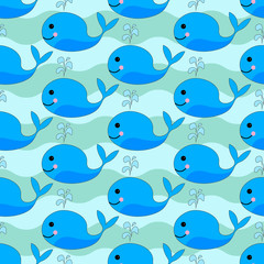Cute blue whales, Seamless underwater pattern with cartoon whales