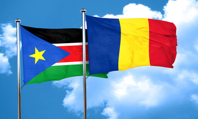 south sudan flag with Romania flag, 3D rendering