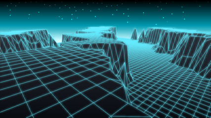 Abstract glowing wireframe landscape background. Mountains technology concept