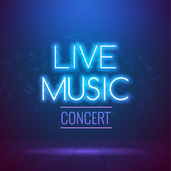 Neon Live Music Concert Acoustic Party Poster Background Template with spotlight and stage