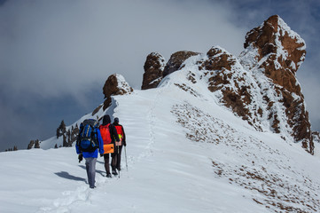 Group climbers goes down from the top of Erciyes volcano.