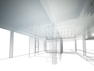 sketch design of interior space ,3d wire frame render