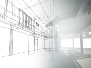 sketch design of interior space ,3d wire frame render