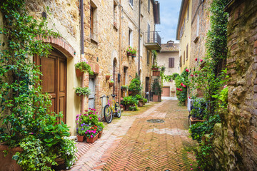 Fototapeta na wymiar Flowery streets on a rainy spring day in a small magical village