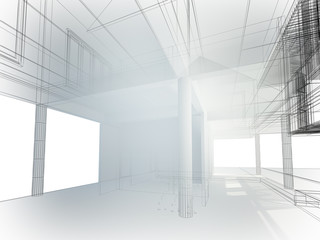 sketch design of interior space ,3d wire frame render