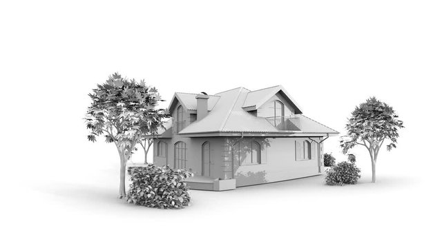 4K UHD - 3D ANIMATION - a HOUSE with tree on white background 