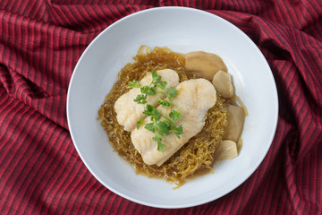 Food series : Steamed pangasius dory fillet with seaweed noodle