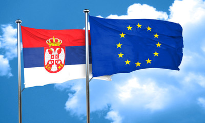 Serbia flag with european union flag, 3D rendering
