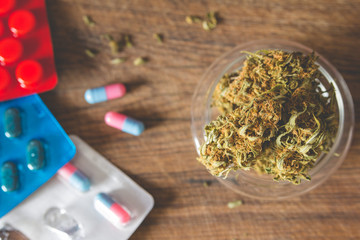 Marijuana buds in the glass plate and medications
