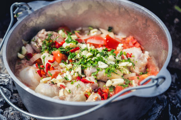 cook soup on the nature of the soup with spices and chicken,