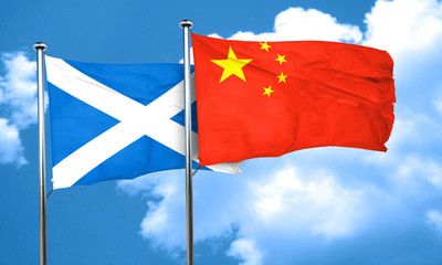 scotland flag with China flag, 3D rendering