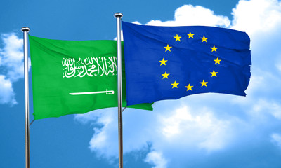 Saudi Arabia flag with european union flag, 3D rendering