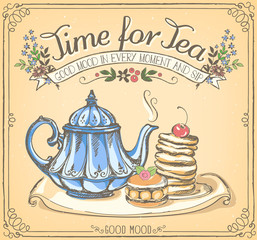 Retro illustration Time for tea with teapot and pancakes