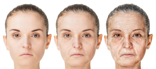 Aging process, rejuvenation anti-aging skin procedures old and young faces isolated on white background