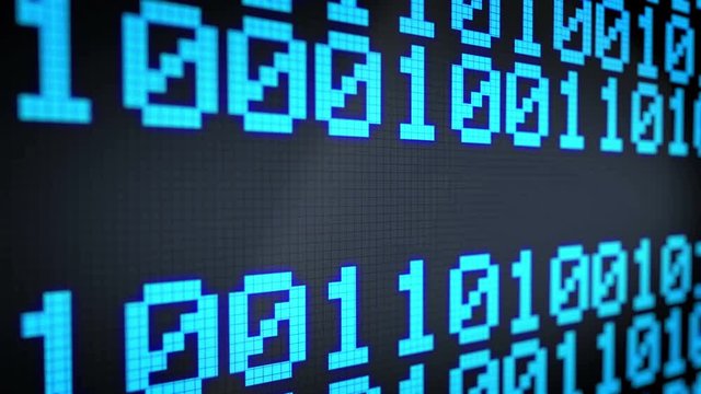 Looped animated background with running lines with binary code and shimmering text "DOWNLOADING" light-blue color on the black screen. Pixels. 4k. Seamless loop. 