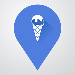 Icono plano localizacion con cornete de helado con sombra