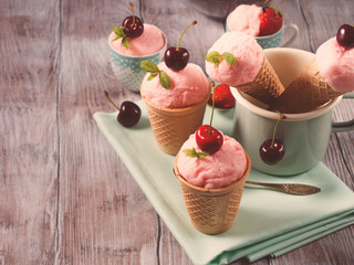 Strawberry ice cream. Retro style still life. Vintage toned effect