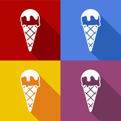 Icono plano cornete de helado con sombra en varios colores