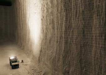 High angle view of pick-up truck at underground salt mine