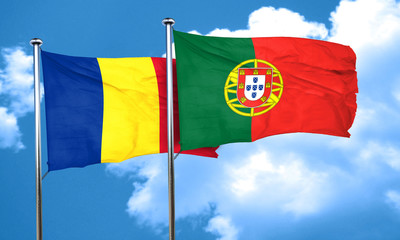 Romania flag with Portugal flag, 3D rendering