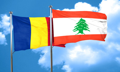 Romania flag with Lebanon flag, 3D rendering