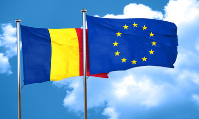 Romania flag with european union flag, 3D rendering