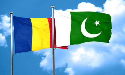 Romania flag with Pakistan flag, 3D rendering