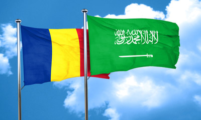 Romania flag with Saudi Arabia flag, 3D rendering