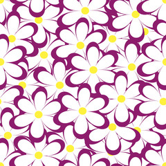 Fototapeta na wymiar Seamless pattern. Vector illustration with flowers. Vintage floral print. Field of cute daisies. Textile design with pink chamomiles on white background. Spring or summer template. Surface texture.