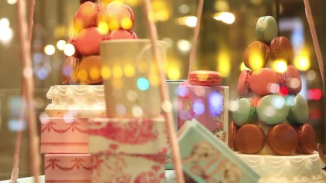 French colorful macarons and cakes