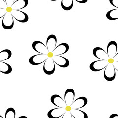 Seamless pattern. Vector illustration with flowers. Vintage floral print. Field of cute daisies. Textile design with black chamomiles on white background. Spring or summer template. Surface texture. 