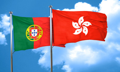 Portugal flag with Hong Kong flag, 3D rendering