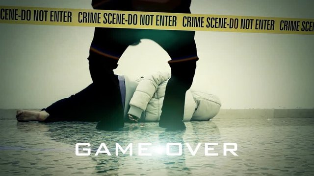 A Crime Scene Investigator picking a bullet near the dead body of a woman. Do-not-enter tape surrounding the area. A game-over text brightens everything.