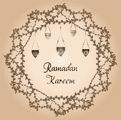 Ramadan kareem - muslim islamic holiday celebration greeting card or wallpaper with eid lanterns, vintage ornaments